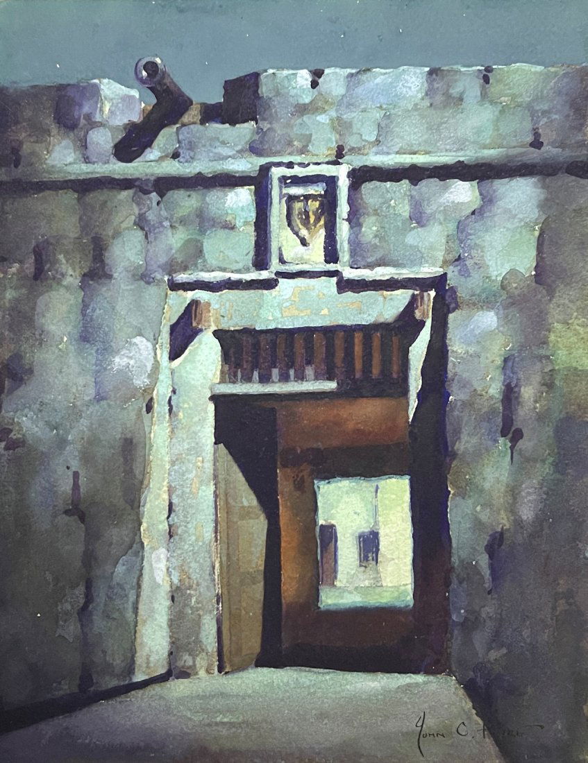 JOHN CUTHBERT HARE FT. MARION PAINTING: HARE, John Cuthbert, (American, 1908-1978): Fort Gate with Cannon, possibly Fort Marion, Watercolor, 9.75" x 7.75", signed lower right, unframed.