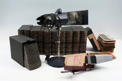 EXCEPTIONAL EARLY STEREOVIEW LOT WITH RARE CARDS: EXCEPTIONAL EARLY STEREOVIEW LOT WITH RARE CARDS: This large Stereoscope collection includes an electric tabletop viewer with lightbulb, a Keystone Home Training Stereoscope, and hundreds of