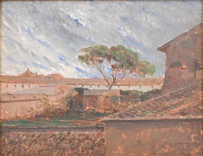 FREDERIC CROWNINSHIELD 19TH-CENTURY PAINTING: CROWNINSHIELD, Frederic, (Italian/American, 1845-1918): ''Barberini Pine, Rome, Cut Down in the Autumn of 1870'', Oil/Wood Panel, 13'' x 16.5'', signed lower right and dated 1870,
