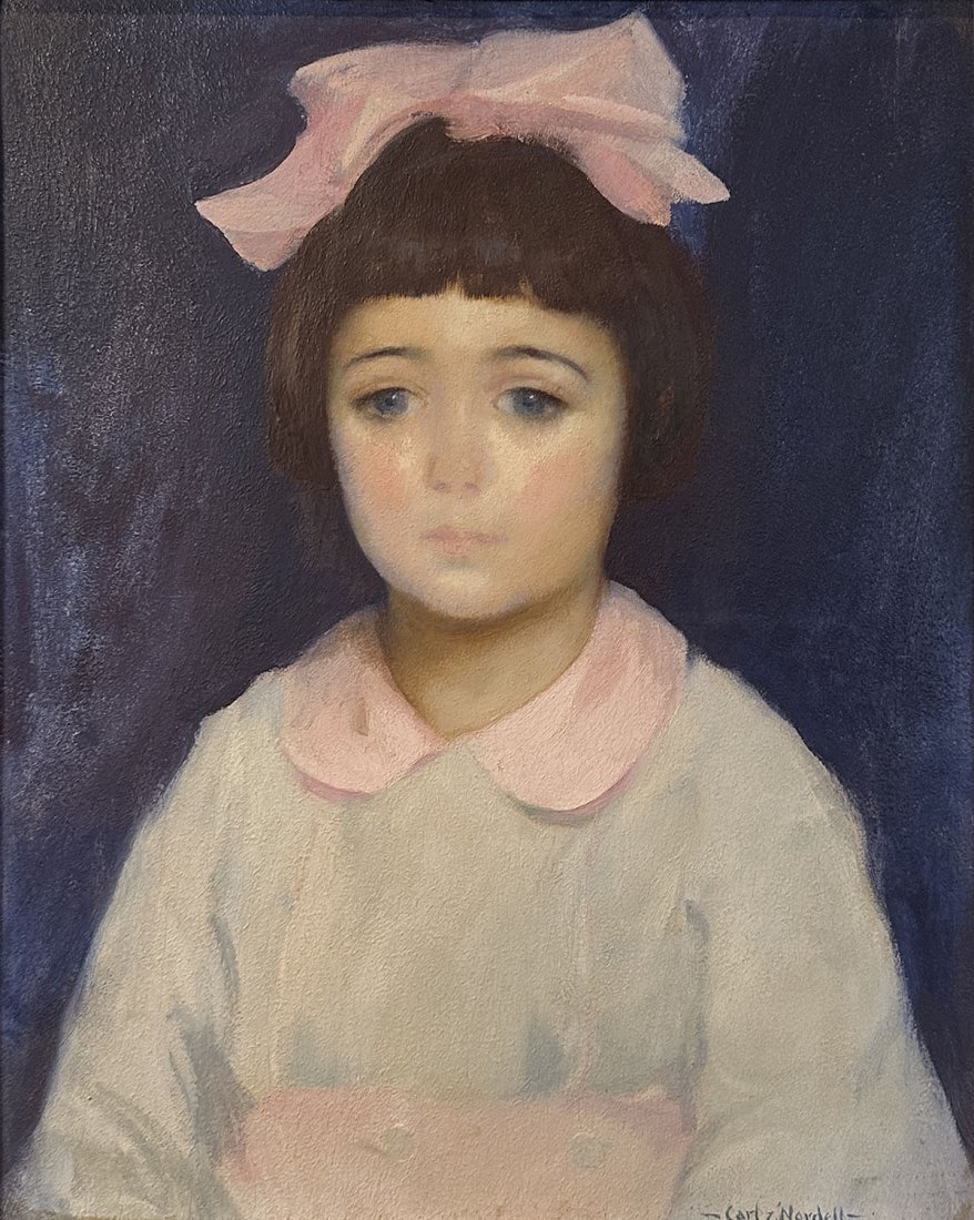 CARL NORDELL PORTRAIT OF A YOUNG GIRL: NORDELL, Carl John David, American (1885 - 1957) “Felicia Recchia 1917” O/C: A lovely oil on canvas of a then 5 year Felicia. Written verso, “Anita Felica Recchia 1917”. “Anita Felic