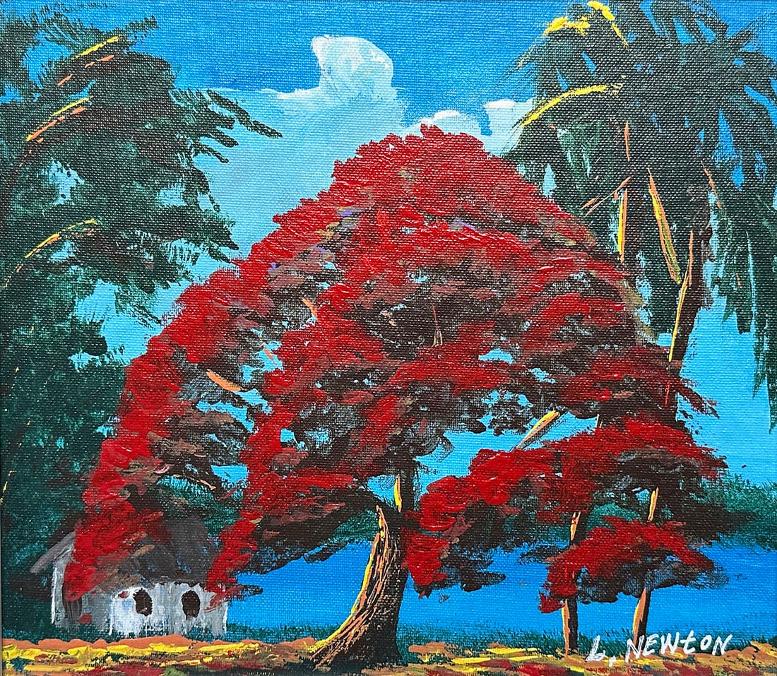 LEMUEL NEWTON HIGHWAYMEN PAINTING POINCIANA: NEWTON, Lemuel, (American, 1950-2014): Landscape with Poinciana, Palms, and House, Oil/Upson, 11" x 14", signed lower right, signed verso and dated 2005, original frame, 14" x 17.25".