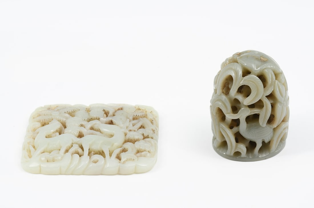 2 PC. CHINESE CARVED CELADON GREEN JADE (1 of 6)