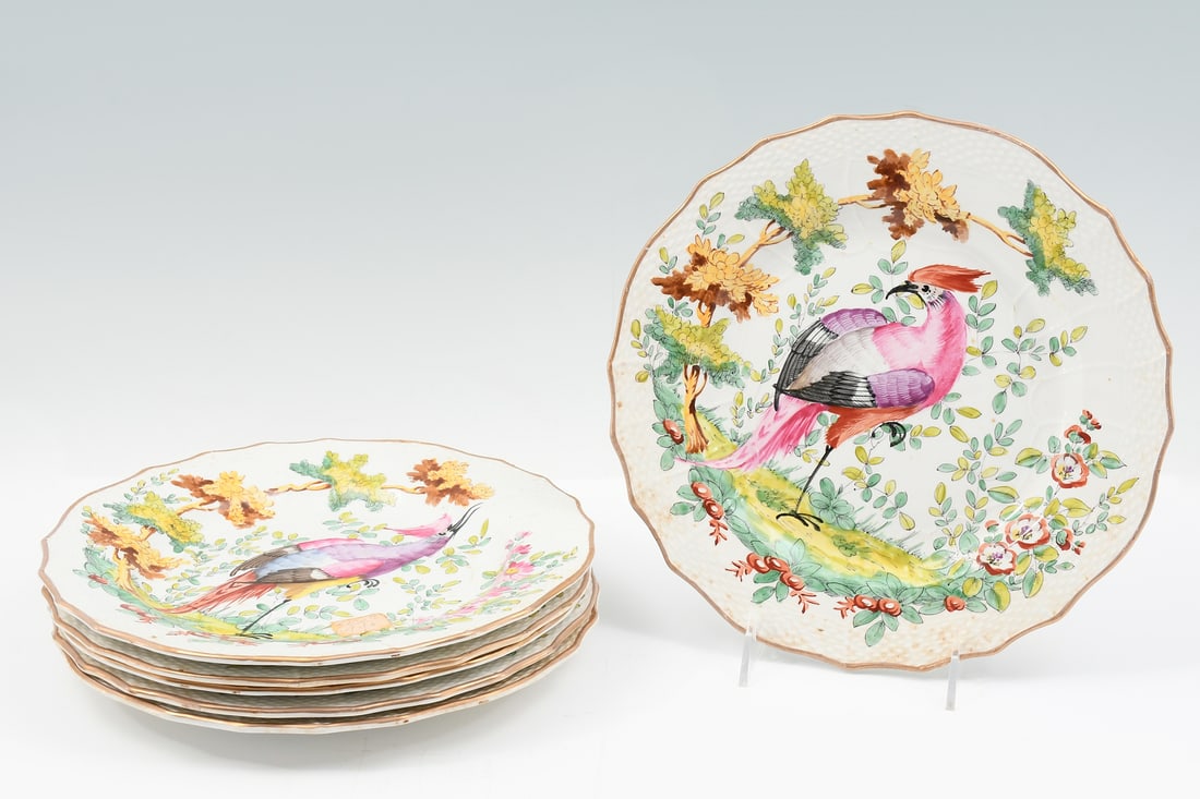 6 PC. ENGLISH CHELSEA PORCELAIN BIRD PLATES (1 of 4)