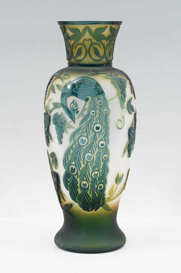 PEACOCK & GRAPEVINE CAMEO GLASS VASE (1 of 6)