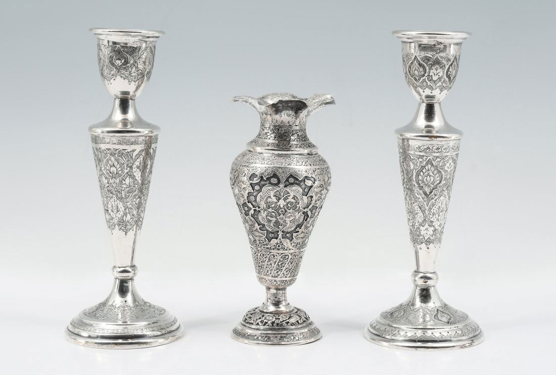 3 PERSIAN SILVER CANDLESTICKS & VASE (1 of 6)