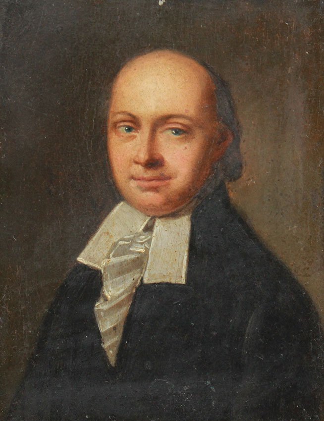 SUPERIOR MINIATURE PORTRAIT PAINTING ON TIN: SUPERIOR 19TH CENTURY OR EARLIER MINIATURE PORTRAIT PAINTING ON TIN OF A DEACON/REVEREND/PASTOR?: Sight size 3 ½'' x 2 5/8'', no visible signature, encased in damaged ebonized wood frame, 4 ¼'' x 3 