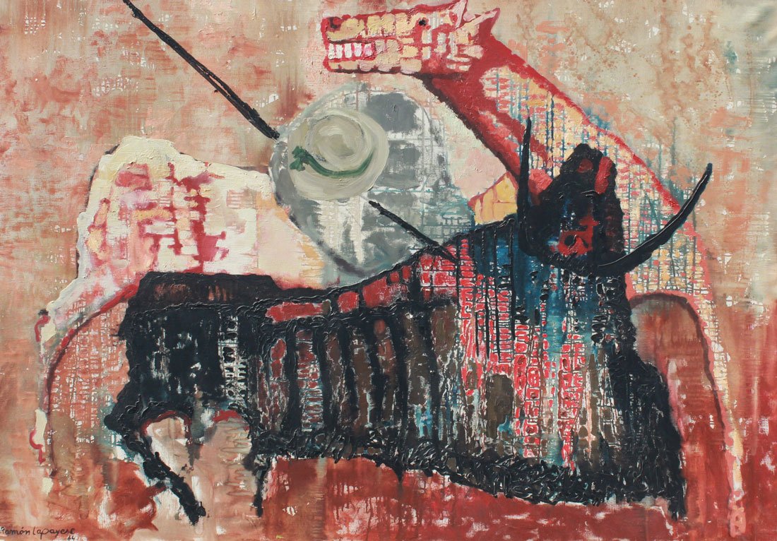 LARGE LAPAYESE BULL FIGHTING PAINTING "PICADOR": LAPAYESE DEL RIO, Jose Ramon, (Spanish, 1926-2000): "Picador", Oil/Canvas, 45" x 63 5/8", signed lower left, dated, also signed and titled on the stretcher, affixed label from the Salon International 
