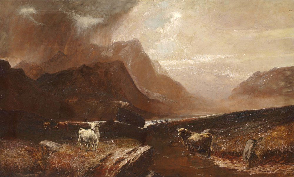 LARGE HIGHLAND PAINTING POSSIBLY PERCY: LARGE OIL/CANVAS HIGHLAND LANDSCAPE WITH CATTLE: Possibly Sidney Richard Percy, 30 1/8'' x 50'', no visible signature, encased in a reconditioned period frame with wear and crackling to the finish, 36