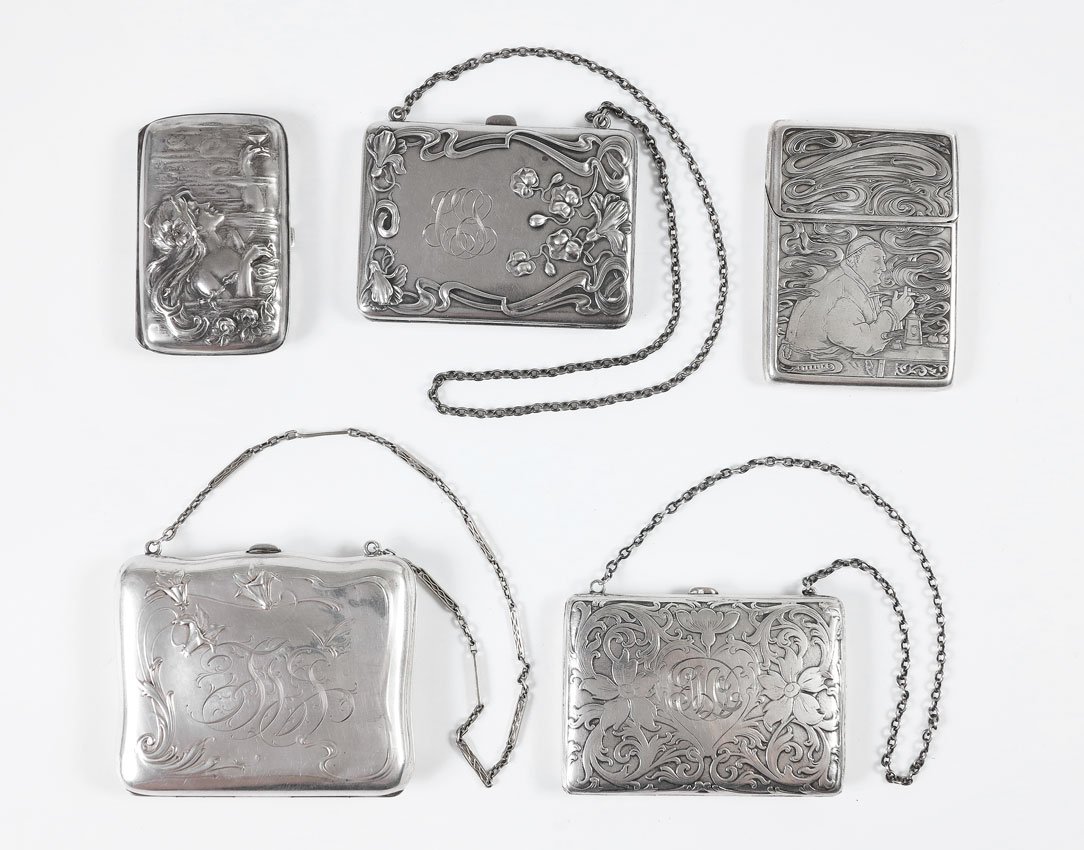 5 PIECE ART NOUVEAU STERLING CIGARETTE CASES: 5 PIECE ART NOUVEAU STERLING CIGARETTE CASES: To include 1) Blackinton floral and art nouveau lines push button, chain, monogrammed. 2) Mauser floral motif, push button, chain, monogrammed. 3) Blackin