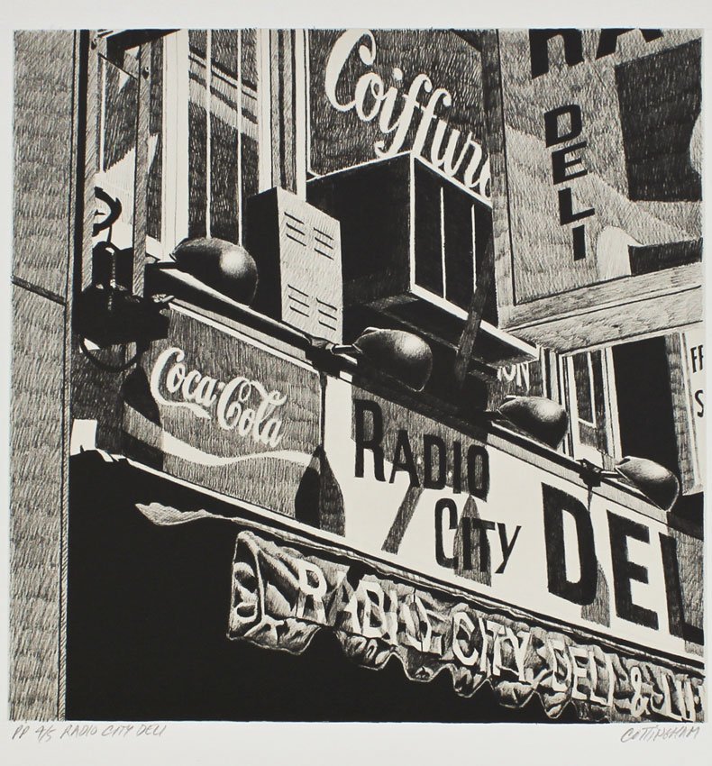 RADIO CITY DELI LITHOGRAPH BY ROBERT COTTINGHAM: COTTINGHAM, Robert, (American, 1935- ): ''Radio City Deli'', Lithograph, 21'' x 20 3/4'' with margins, pencil signed lower right, #'d PP for Printer's Proof, 4/5, titled lower left, unframed.