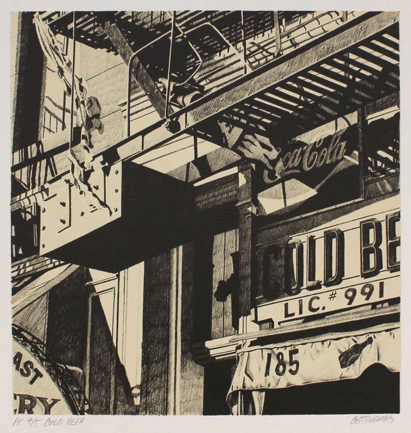 ROBERT COTTINGHAM COLD BEER LITHOGRAPH: COTTINGHAM, Robert, (American, 1935- ): ''Cold Beer'', Lithograph, 20 1/2'' x 21'', with margins, pencil signed lower right, #'d PP for Printer's Proof, 4/5, titled lower left, unframed.