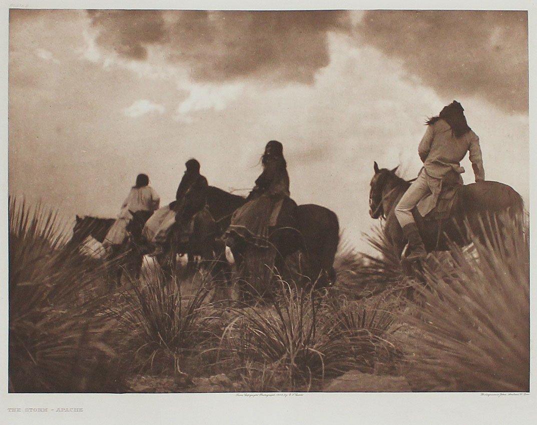 EDWARD CURTIS PHOTOGRAVURE ''THE STORM'': CURTIS, Edward, (American, 1868-1952): ''The Storm'', Photogravure, 18'' x 22'', titled lower left, plate #'d 9 upper left, from copyright photograph 1906 by E. Curtis, photogravure by John Andrew & S