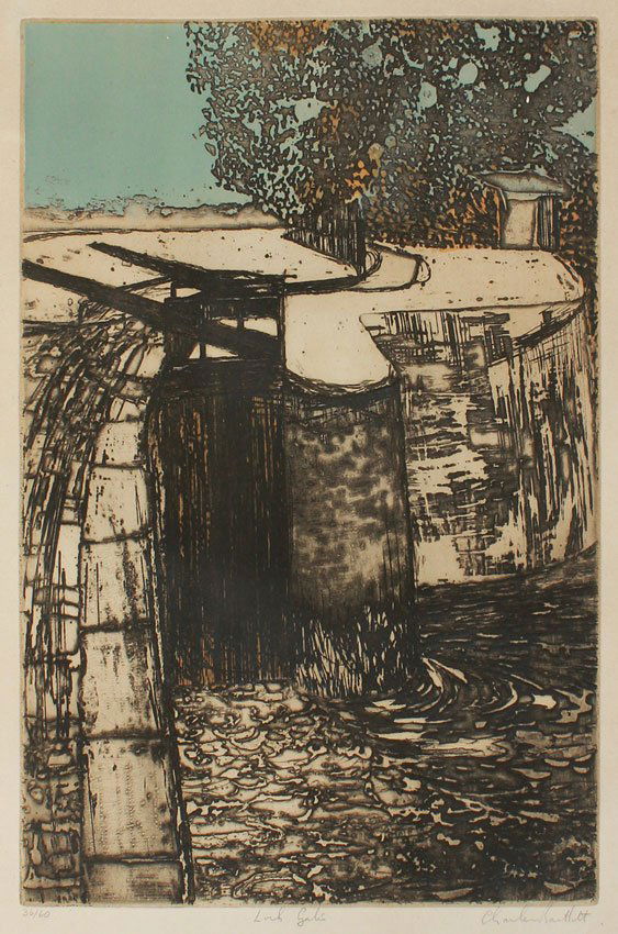 CHARLES BARTLETT COLOR AQUATINT LOCH GATES: BARTLETT, Charles, (American, 1860-1940): "Loch Gates", Color Etching in Aquatint, Sight size 22 3/4" x 18", pencil signed lower right, titled in lower margin, #'d 36/60, Gorner & Mallard Blind Stamp