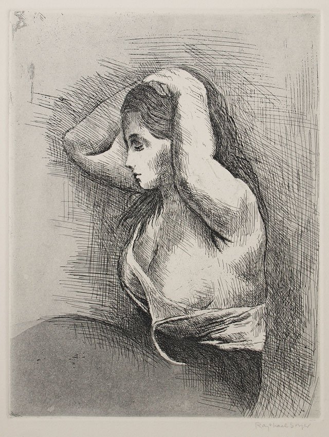 RAPHAEL SOYER ETCHING OF YOUNG GIRL DRESSING: SOYER, Raphael, (American, 1899-1987): Young Girl Dressing, Etching, 14 3/4" x 11" with margins, pencil signed lower right, unframed.