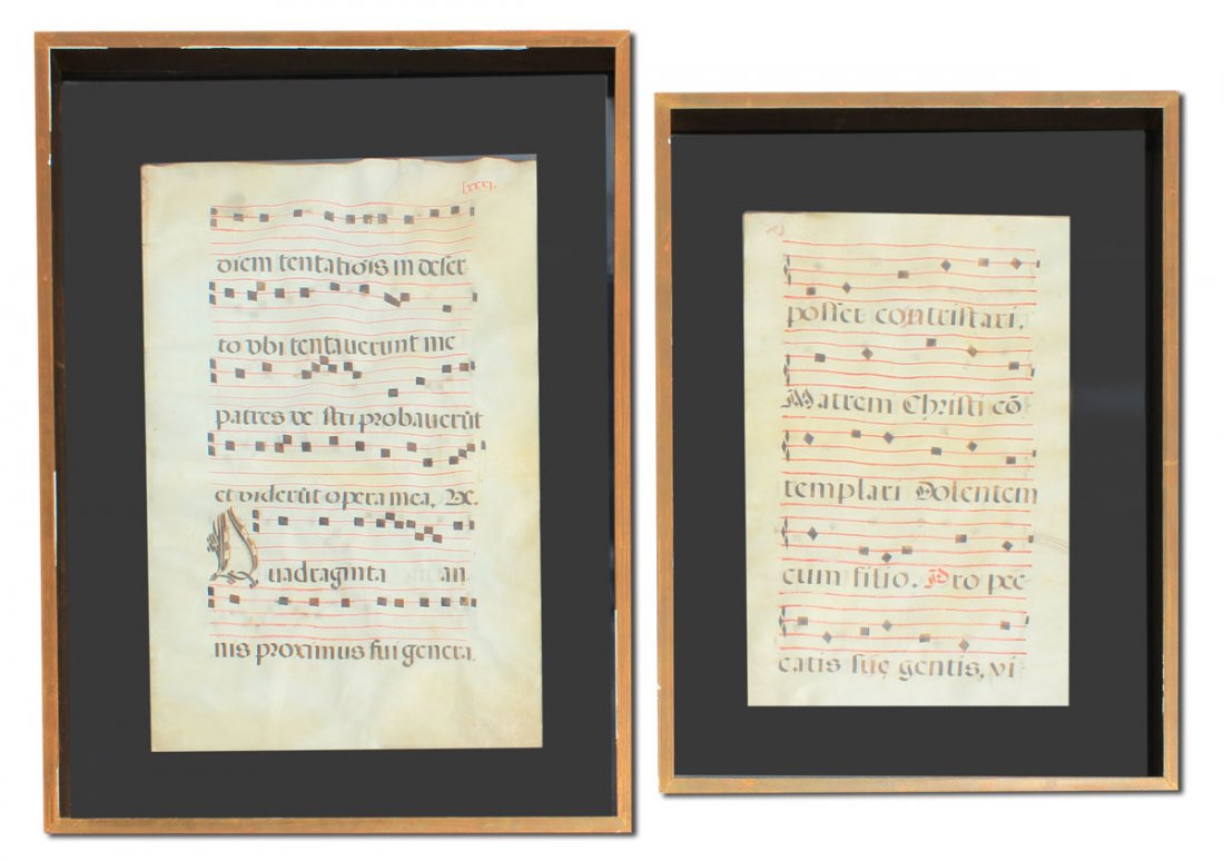 TWO FRAMED PIECES OF EARLY MUSIC ON PARCHMENT: TWO FRAMED PIECES OF EARLY MUSIC ON PARCHMENT: Written in Latin, age unknown, Sight size 18" x 12 1/2", framed with wear 26" x 20". 2) Sight size 22" x 15 1/4", framed with wear, 29 1/2" x 22 1/2".
