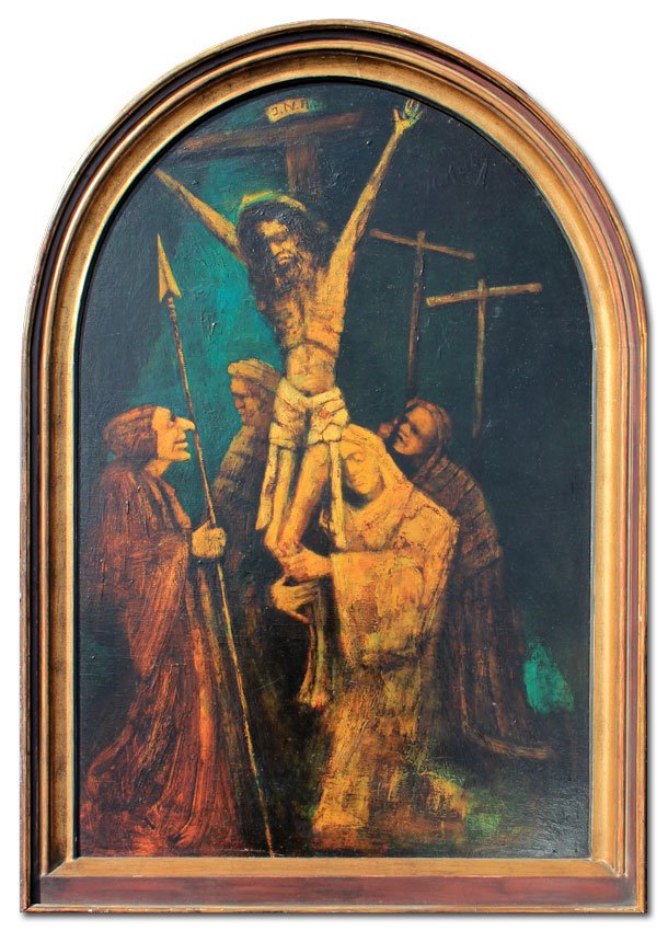 WALTER KREBS RELIGIOUS PAINTING OF JESUS: KREBS, Walter, (American, 1900-1985): Jesus on the Cross, Oil/Wood, 37 3/4" x 25 1/2", signed upper right, encased in ogee carved gilded and painted frame, 42" x 29 1/2".