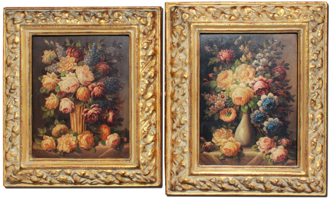 PAIR OF NEOCLASSICAL STYLE FLORAL PAINTINGS: PAIR OF NEOCLASSICAL STYLE FLORAL STILL LIFE PAINTINGS BY ROSSI: 1) Oil/Board, sight size 17" x 12 1/2", signed lower right, encased in antique gilded and carved frame with minor wear, 25 1/2" x 21 1/
