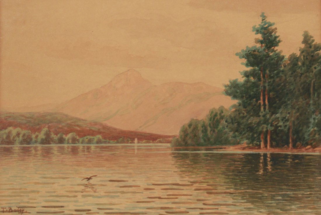 T BAILEY (PASKELL) WHITE MOUNTAIN PAINTING: PASKELL, William Frederick, (American, 1866-1951), (under pseudonym T. Bailey): White Mountain river Landscape with possibly Mount Chocura in the Background, Watercolor, Sight size 9 1/2" x 13 1/2", s