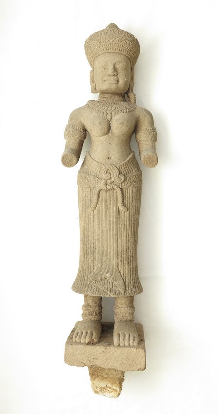 SANDSTONE FIGURE CAMBODIA KHMER DEITY: SANDSTONE FIGURE OF KHMER KINGDOM DEITY: 24 3/4'' h., actual age unknown. Cambodian, not of the period.