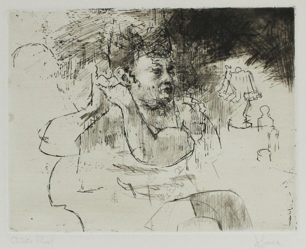 JACK LEVINE ETCHING: LEVINE, Jack, (American, 1915-2010): Etching, Woman Primping her Hair in an Interior, Etching, Sheet size 13 3/4" x 19 1/4", pencil signed lower right, marked artist's proof lower left, unframed.