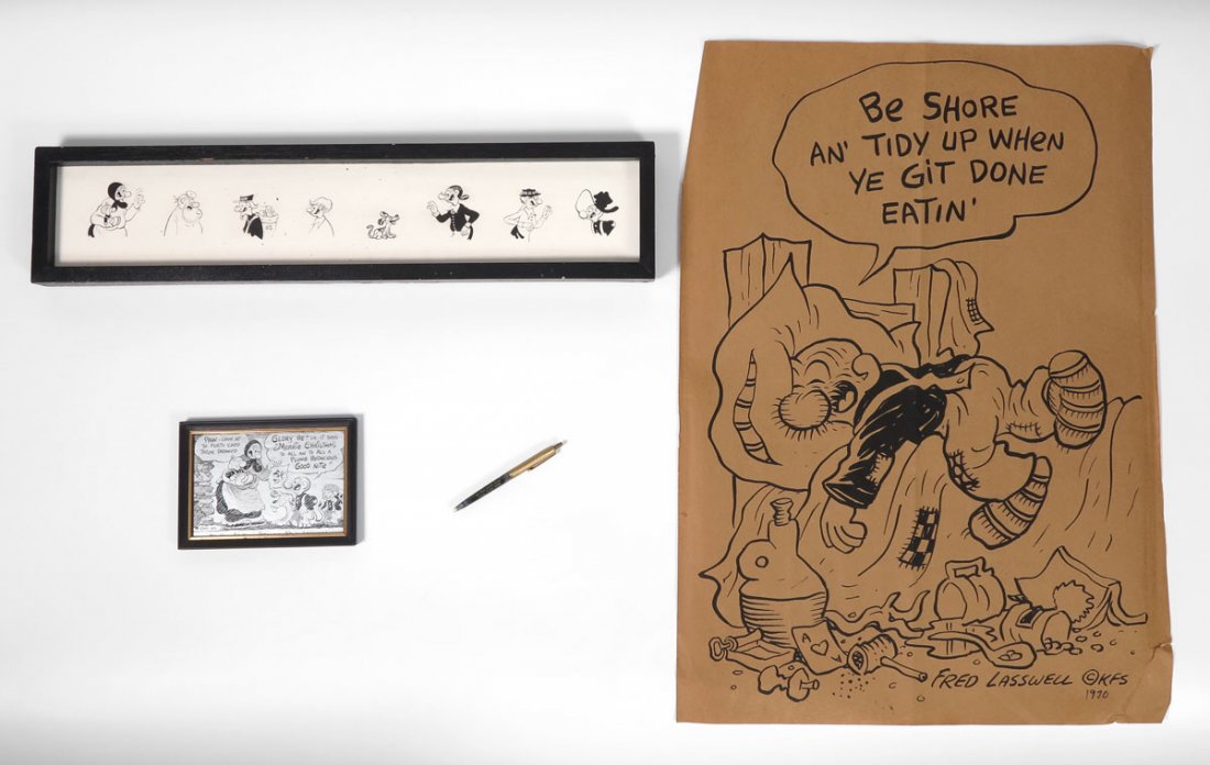 5 PIECE FRED LASSWELL SNUFFY SMITH ART: 5 PIECE FRED LASSWELL SNUFFY SMITH COMIC ART: To include 1) Hand drawn pen on canvas of assorted Snuffy Smith characters, framed, overall 5 1/2'' x 25''. 2) Hand drawn in ballpoint pen Snuffy Smith ch