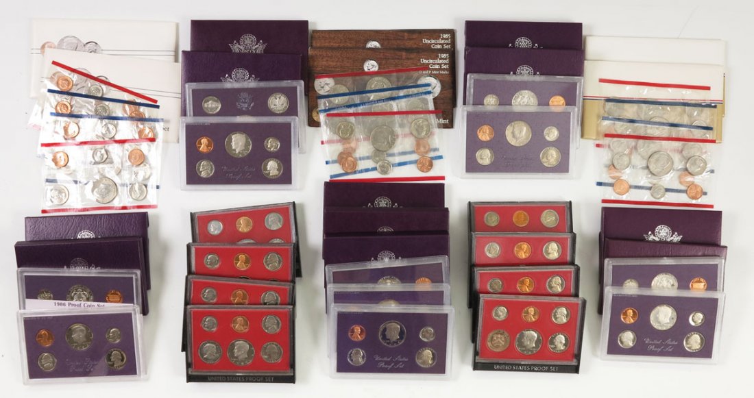 25 UNCIRCULATED AND PROOF SETS U.S. COINS, 1980'S: 25 UNCIRCULATED AND PROOF SETS U.S. COINS, 1980'S: To include 1) 2 1980 proof sets. 2) 3 1981 proof sets. 3) 3 1982 proof sets. 4) 2 1984 proof sets. 5) 5 1985 proof sets. 6) 2 1985 uncirculated D and