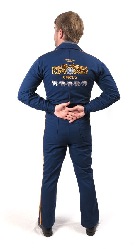 GERHARD RICHTER CIRCUS JUMP SUIT UNIFORM: GERHARD RICHTER CIRCUS JUMP SUIT UNIFORM: Suit for Gerhard Richter, a ''Train Master'' at Ringling Brothers Barnum & Bailey Circus and close personal friend of Gunther Gebel-Williams. Embroidered back