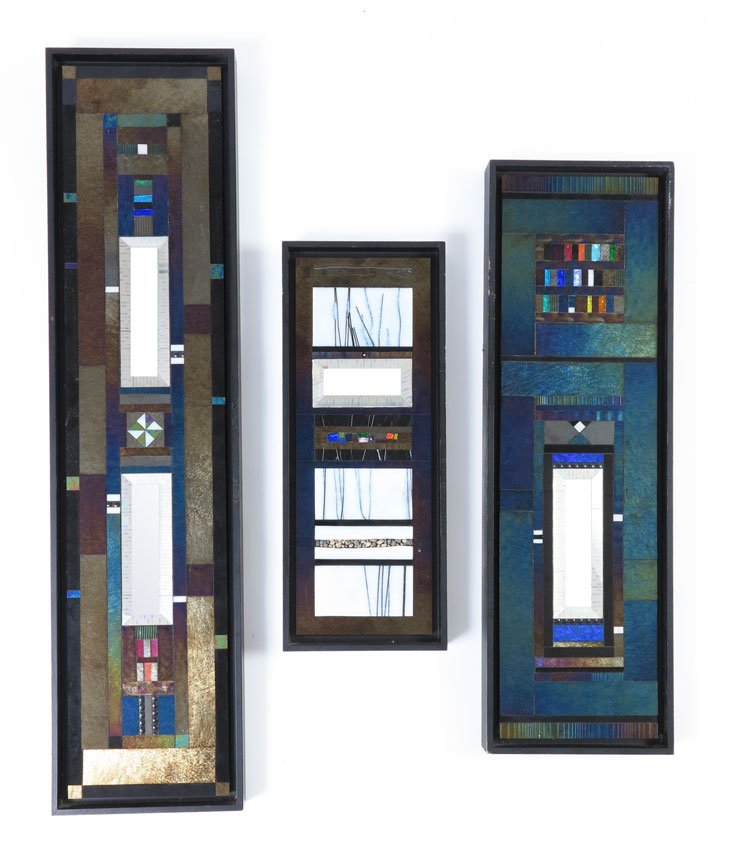 3 PIECES THOM MYERS ARTWORKS: 3 PIECES THOMAS MEYERS STUDIO: Framed Decorative Mosaic Glass Panels, Graduating in size from 23 1/2" x 7 1/2" down to 16 1/4" x 6 1/2", stamped and signed verso, frames do show wear.