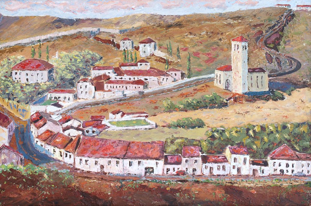 JOHN DESMOND VIEW OF AVILA PAINTING: DESMOND, John Justin, (American, 20th Century): "View of Avila", OIL/Canvas, titled with artist name, 1987 verso on frame. 23 3/4" x 36", contemporary gilt wood frame 26 3/4" x 38 1/2". Direct from th
