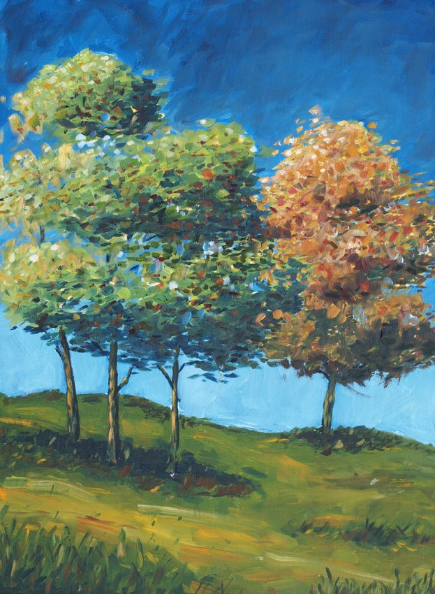 JOHN DESMOND LANDSCAPE PAINTING: DESMOND, John Justin, (American, 20th Century): Landscape with trees, Oil/Canvas Board, unsigned, 24" x 18", contemporary frame, 27" x 21". Direct from the artist's estate.