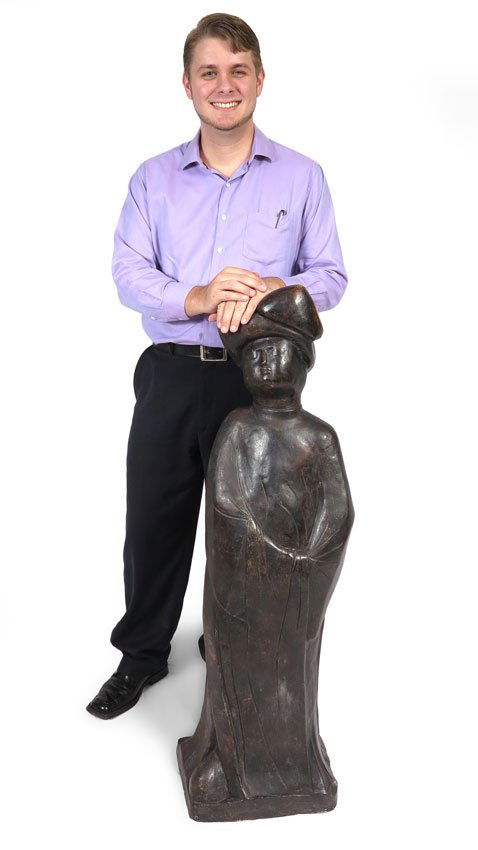 CHINESE PATINATED METAL FIGURE OF A TOMB MAIDEN: CHINESE PATINATED METAL FIGURE OF A TOMB MAIDEN: Standing maiden in robe, unsigned. Age unknown. 48 1/2" h. x 14" x 11 1/2".