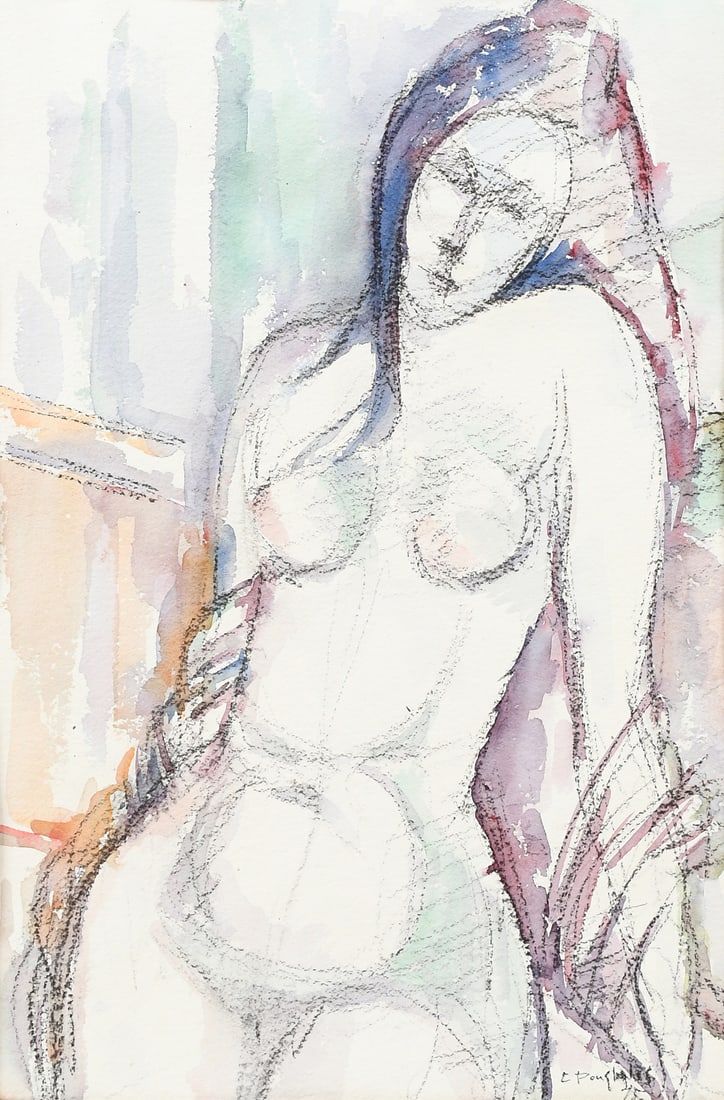 CONSTANTINE POUGIALIS PAINTING OF A FEMALE NUDE: POUGIALIS, Constantine, (American, 1894-1985): Female Nude Model, Watercolor and Charcoal, 21" x 14", signed lower right, dated '75, framed, 29.25" x 19.25".