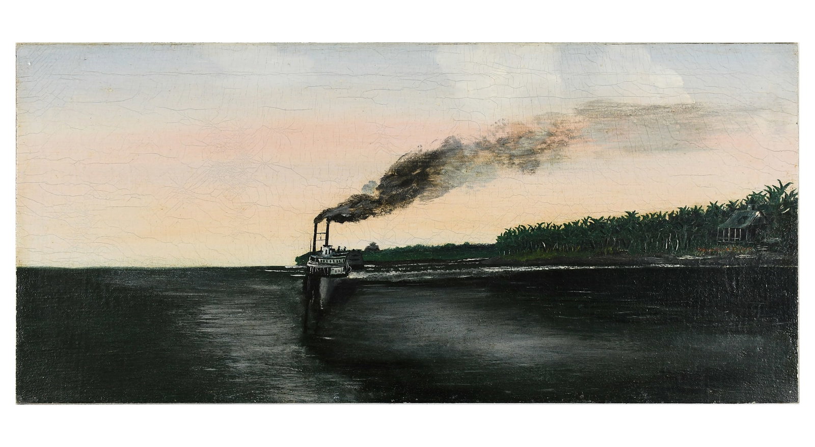 TWO-STACK STEAMER LAKE OKEECHOBEE PAINTING: TWO-STACK STEAMER LAKE OKEECHOBEE PAINTING: 19th-Century, Oil/Canvas, 9.75" x 21.25", no visible signature, unframed.