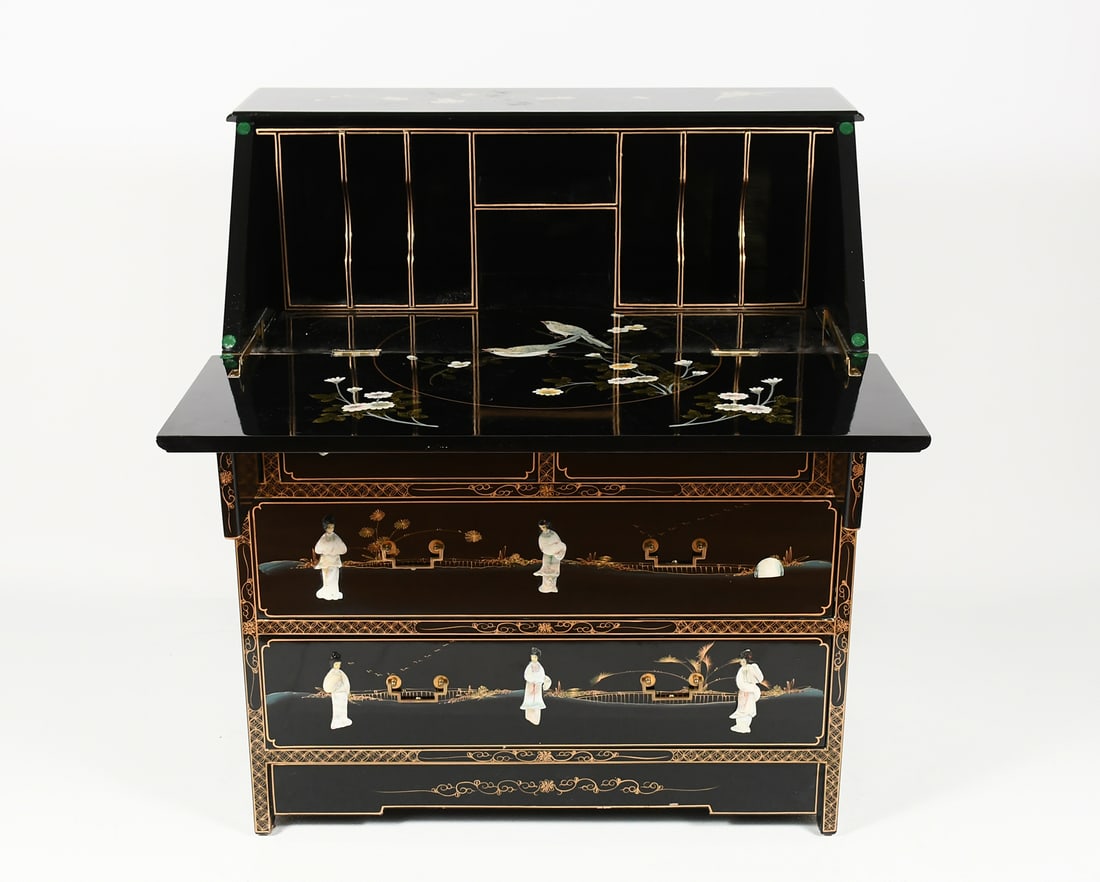 INLAID BLACK LACQUER DROPFRONT DESK W/ FIGURES (1 of 9)