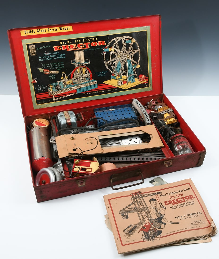A.C. GILBERT CO. NO. 8 1/2 ERECTOR SET: A.C. GILBERT CO. NO. 8 1/2 ERECTOR SET: An A.C. Gilbert Co. No. 8 1/2 Erector Set with Motor and original book. Box overall measures 3" high x 20 1/4" wide x 12" deep.
