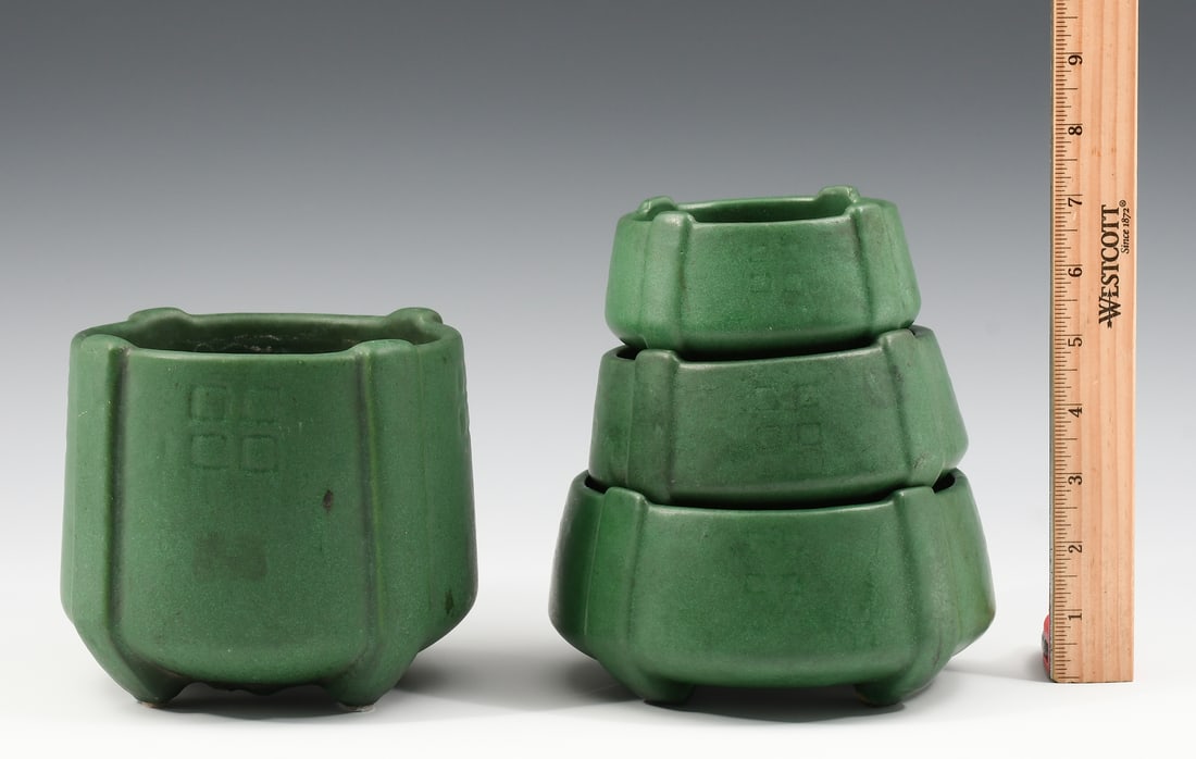 4 PC. WELLER POTTERY GREEN MATTE BUTTRESS VASES (1 of 4)