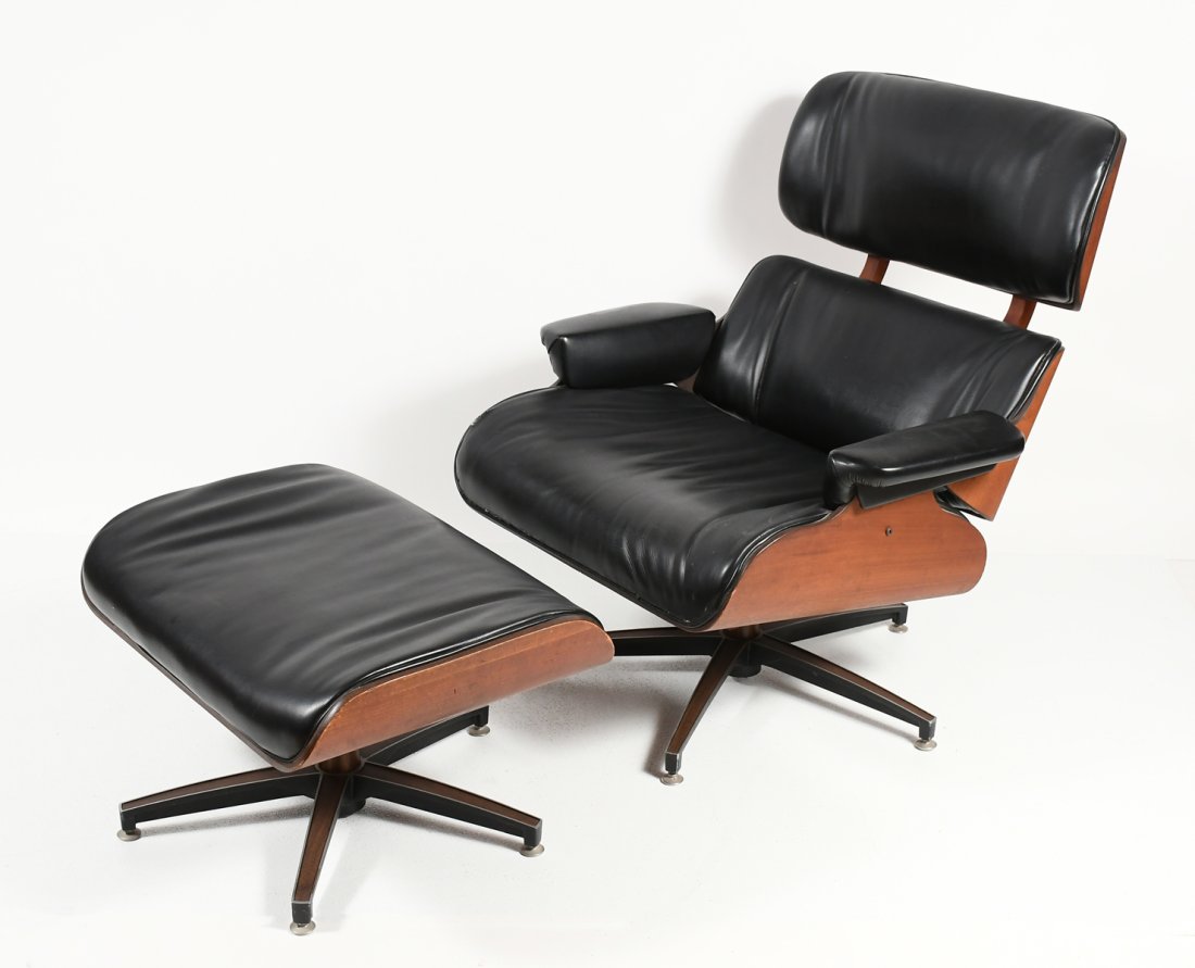 GEORGE MULHAUSER FOR PLYCRAFT CHAIR & OTTOMAN: GEORGE MULHAUSER FOR PLYCRAFT LOUNGE CHAIR & OTTOMAN: A George Mulhauser for Plycraft bentwood & Black Leather swiveling lounge chair with matching ottoman. Chair Approx. 35.5" h x 33.25" w x 32.5" d.