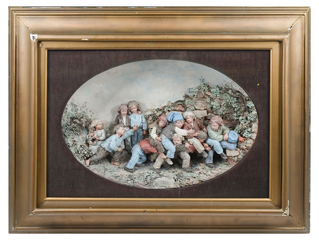 PAINTED RELIEF TERRACOTTA PLAQUE BY GRAILLON (1 of 4)