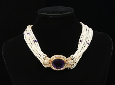 STUNNING PEARL, AMETHYST & DIAMOND NECKLACE