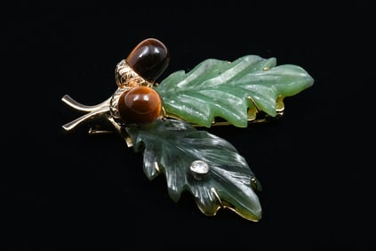 14K, JADE, TIGER'S EYE, & DIAMOND BROOCH
