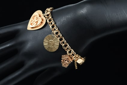 14K VINTAGE CHARM BRACELET W/CHARMS