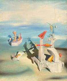 ILLEGIBLY SIGNED SURREAL DALI-ESQUE PAINTING