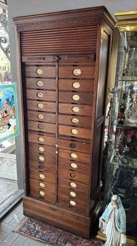 RARE AMBERG'S OAK ROLL TAMBOUR DOOR FILE CABINET
