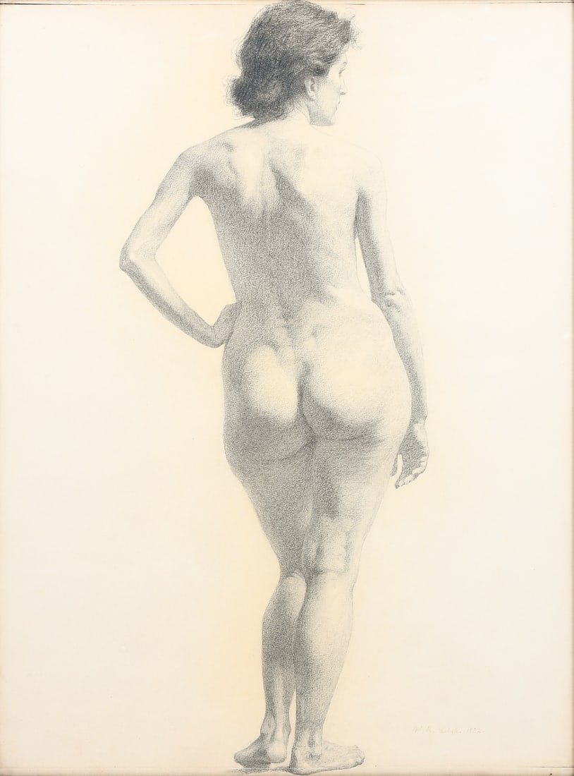 RARE W.R. LEIGH FEMALE NUDE DRAWING: LEIGH, William Robinson, (American/German, 1866-1955): Female Nude from Behind, Pencil Drawing, 25" x 18.5", pencil signed lower right and dated 1932, framed 26.25" x 19.75".