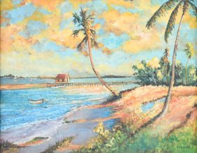 FLORIDA INTERCOASTAL PAINTING WITH PALMS AND PIER BY SIGWART
