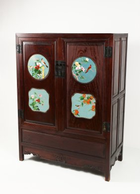 CHINESE 2 DOOR ROSEWOOD CABINET W/ 4 CLOISONNE PLAQUES