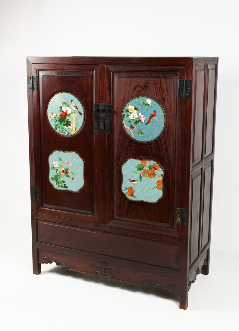 CHINESE 2 DOOR ROSEWOOD CABINET W/ 4 CLOISONNE PLAQUES (1 of 6)
