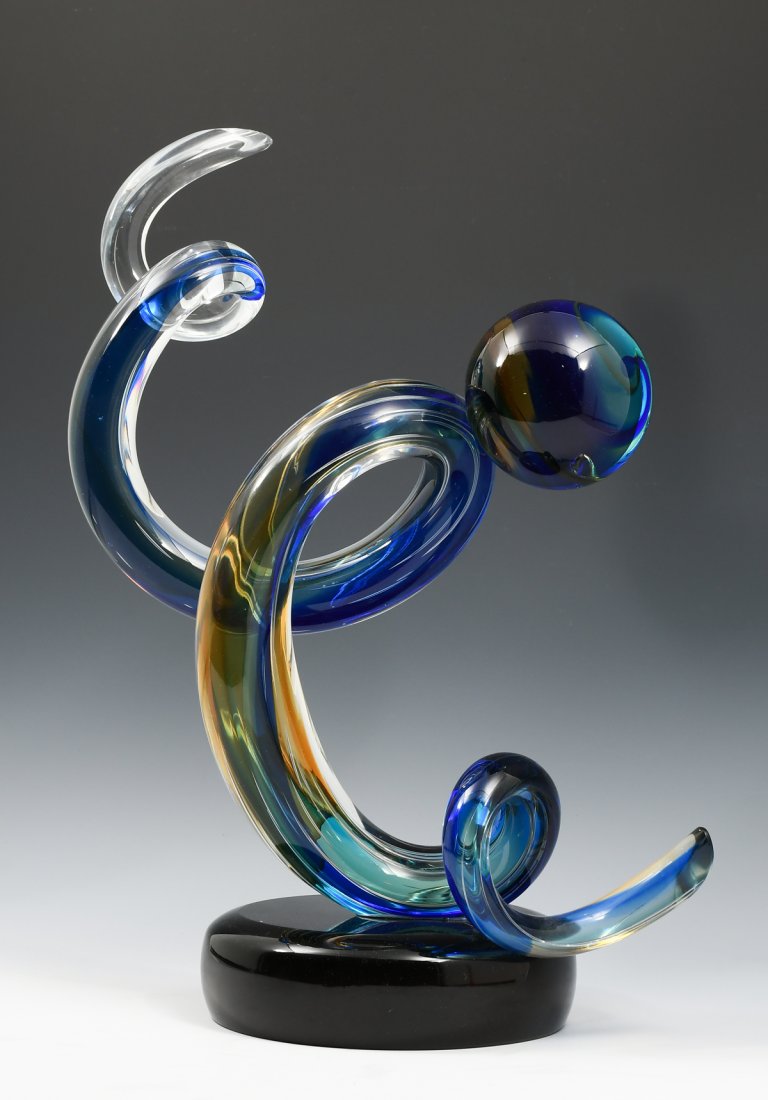 SERGIO COSTANTINI "RIVER OF LOVE" ITALIAN GLASS: COSTANTINI, Sergio, (Italian, 1956-): "River of Love", Art Glass Sculpture for Vetreria Murano Arte, Clear, Aquamarine, Amethyst, Cobalt Blue and Amber Glass, hand tooled and created for former owner,