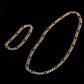 ITALIAN 14K GOLD FIGARO LINK NECKLACE & BRACELET