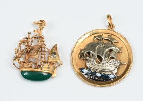 TWO 14K GOLD PORTUGESE SHIP PENDANTS 22.3G